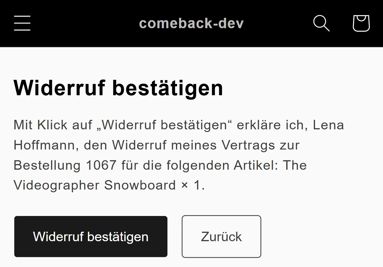 Der Bestätigungsschritt mit der Erklärung und dem Button „Widerruf bestätigen“