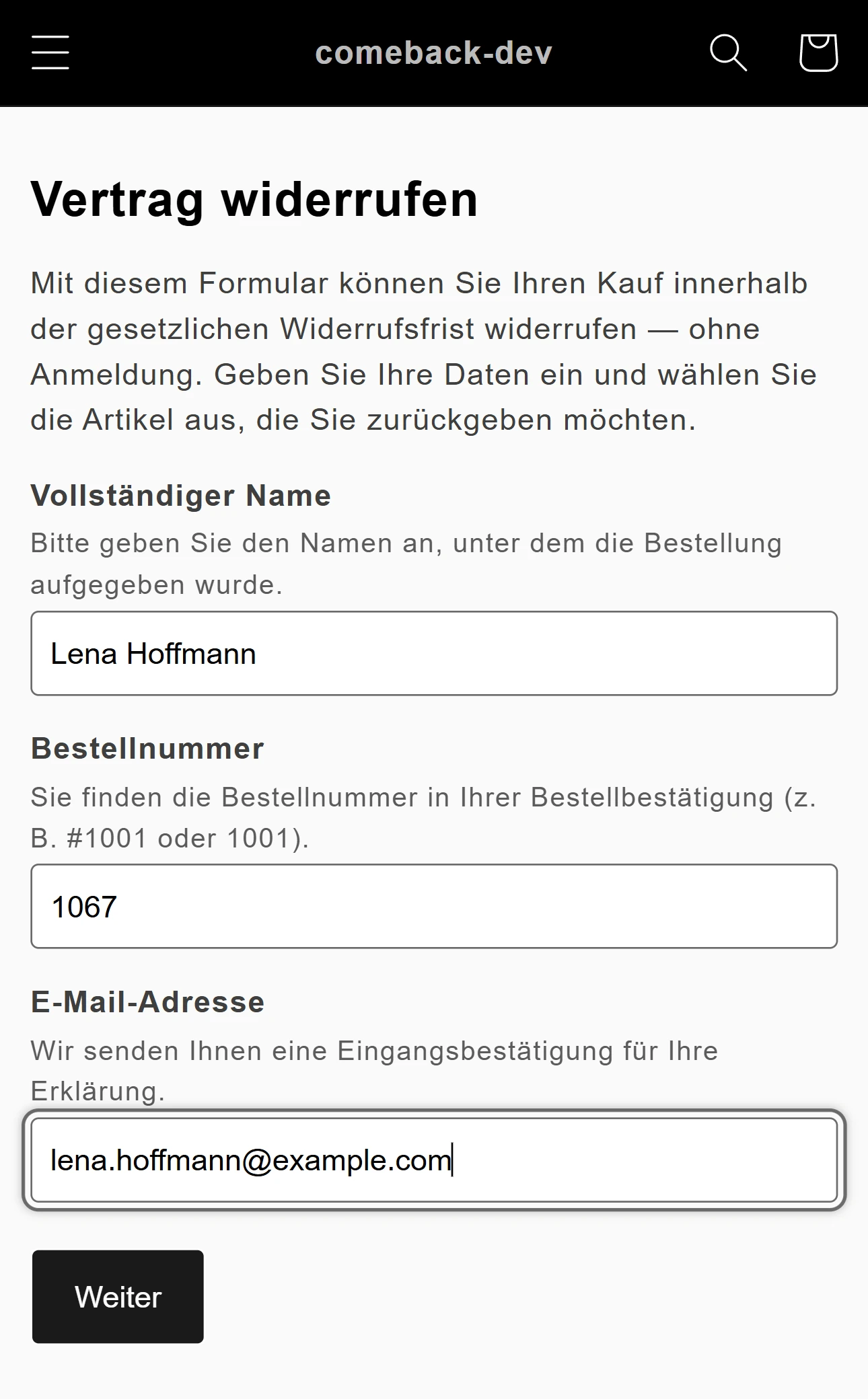 Das Widerrufsformular, ausgefüllt: vollständiger Name, Bestellnummer 1067 und E-Mail-Adresse