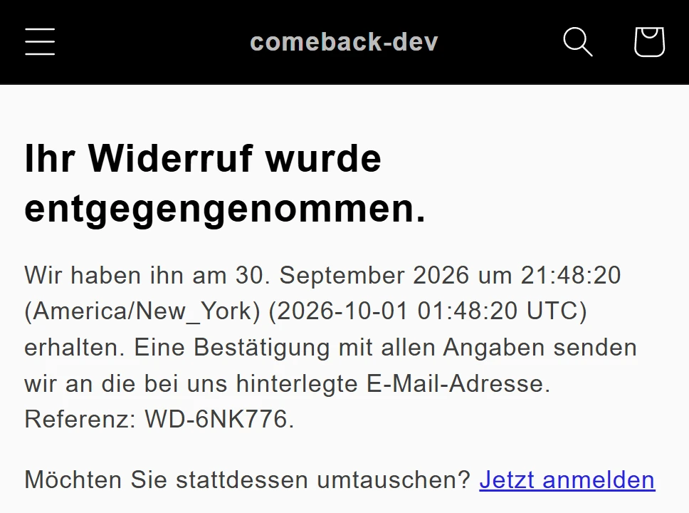 Die Eingangsseite: „Ihr Widerruf wurde entgegengenommen.“, erhalten am 30. September 2026 um 21:48:20 Shopzeit und in UTC, Referenz WD-6NK776